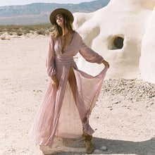 Load image into Gallery viewer, Women's Cotton Dress Solid Color V-neck Lantern Sleeve Maxi Sweet Dress High Waist Summer Elegant Split Dress Beach Boho Robes