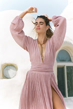Load image into Gallery viewer, Women's Cotton Dress Solid Color V-neck Lantern Sleeve Maxi Sweet Dress High Waist Summer Elegant Split Dress Beach Boho Robes