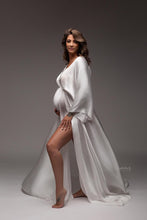 Load image into Gallery viewer, Boho Satin Maternity Photography Prop Dress V-neck Silk Bohemian Pregnancy Photo Shoot Long Dress Side Slit Baby Shower Dress