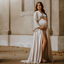 Load image into Gallery viewer, Boho Satin Maternity Photography Prop Dress V-neck Silk Bohemian Pregnancy Photo Shoot Long Dress Side Slit Baby Shower Dress