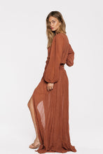 Load image into Gallery viewer, Women's Cotton Dress Solid Color V-neck Lantern Sleeve Maxi Sweet Dress High Waist Summer Elegant Split Dress Beach Boho Robes