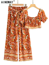 Load image into Gallery viewer, Vintage Chic Women Two Piece Outfits Square Collar Tops Bohemian Elastic Waist Long Pants 2 Pieces Rayon Cotton Boho Sets