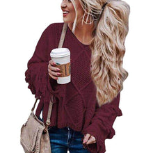 Load image into Gallery viewer, Happie Queens Women Fashion Tassel Loose Sweater Knitted Solid V-neck Tops Jersey Vintage Pullovers