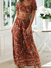 Load image into Gallery viewer, Vintage Chic Women Two Piece Outfits Square Collar Tops Bohemian Elastic Waist Long Pants 2 Pieces Rayon Cotton Boho Sets