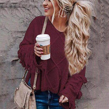 Load image into Gallery viewer, Happie Queens Women Fashion Tassel Loose Sweater Knitted Solid V-neck Tops Jersey Vintage Pullovers
