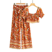 Load image into Gallery viewer, Vintage Chic Women Two Piece Outfits Square Collar Tops Bohemian Elastic Waist Long Pants 2 Pieces Rayon Cotton Boho Sets