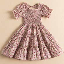 Load image into Gallery viewer, Summer Girls Short Sleeve Dress Children Casual Flower Print Smocked Daily Clothes 3-8 Years Kids Party Ruffle Vesrido For Girl