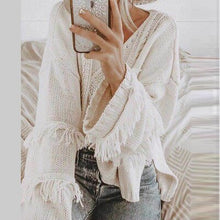 Load image into Gallery viewer, Happie Queens Women Fashion Tassel Loose Sweater Knitted Solid V-neck Tops Jersey Vintage Pullovers