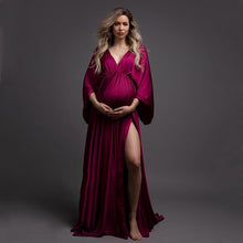 Load image into Gallery viewer, Boho Satin Maternity Photography Prop Dress V-neck Silk Bohemian Pregnancy Photo Shoot Long Dress Side Slit Baby Shower Dress
