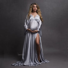 Load image into Gallery viewer, Boho Satin Maternity Photography Prop Dress V-neck Silk Bohemian Pregnancy Photo Shoot Long Dress Side Slit Baby Shower Dress
