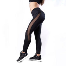 Load image into Gallery viewer, Fashion PU Leather Leggings Patchwork Sexy Mesh Women Gym Fitness Workout Leggings Solid Black Sports Yoga Running Pants

