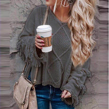 Load image into Gallery viewer, Happie Queens Women Fashion Tassel Loose Sweater Knitted Solid V-neck Tops Jersey Vintage Pullovers
