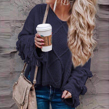 Load image into Gallery viewer, Happie Queens Women Fashion Tassel Loose Sweater Knitted Solid V-neck Tops Jersey Vintage Pullovers
