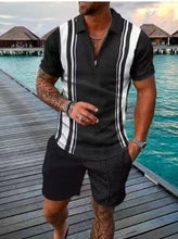 Load image into Gallery viewer, Men&#39;s Tracksuit Cotton Solid Color Short Sleeve Zipper Polo Shirt+Pockets Shorts Set Summer Men Casual Streetwear 2-piece Suit
