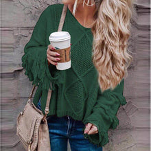 Load image into Gallery viewer, Happie Queens Women Fashion Tassel Loose Sweater Knitted Solid V-neck Tops Jersey Vintage Pullovers
