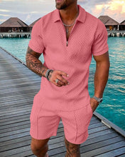 Load image into Gallery viewer, Men&#39;s Tracksuit Cotton Solid Color Short Sleeve Zipper Polo Shirt+Pockets Shorts Set Summer Men Casual Streetwear 2-piece Suit
