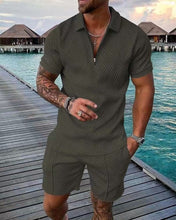 Load image into Gallery viewer, Men&#39;s Tracksuit Cotton Solid Color Short Sleeve Zipper Polo Shirt+Pockets Shorts Set Summer Men Casual Streetwear 2-piece Suit
