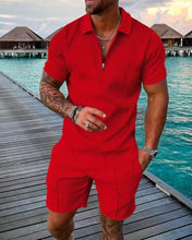 Load image into Gallery viewer, Men&#39;s Tracksuit Cotton Solid Color Short Sleeve Zipper Polo Shirt+Pockets Shorts Set Summer Men Casual Streetwear 2-piece Suit
