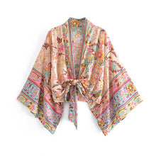 Load image into Gallery viewer, Vintage Peacock Floral Print Short Kimono Women Fashion Rayon Cotton Batwing Sleeves Ladies Beach Robe Bikini Boho Cover-up
