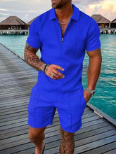 Load image into Gallery viewer, Men&#39;s Tracksuit Cotton Solid Color Short Sleeve Zipper Polo Shirt+Pockets Shorts Set Summer Men Casual Streetwear 2-piece Suit
