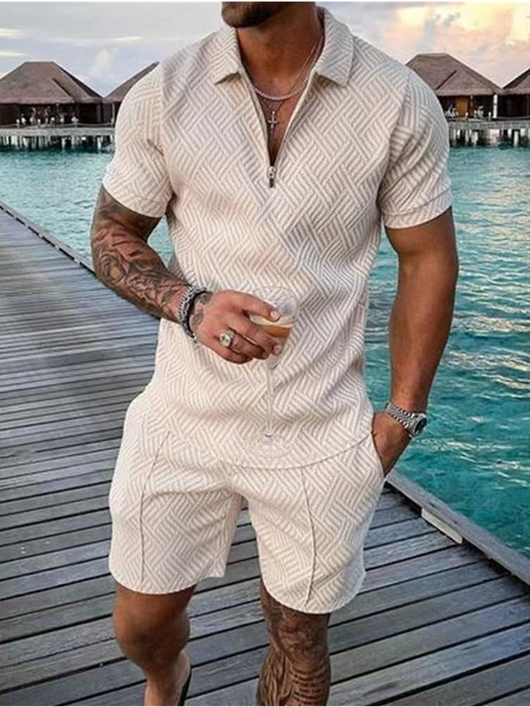 Men's Tracksuit Cotton Solid Color Short Sleeve Zipper Polo Shirt+Pockets Shorts Set Summer Men Casual Streetwear 2-piece Suit