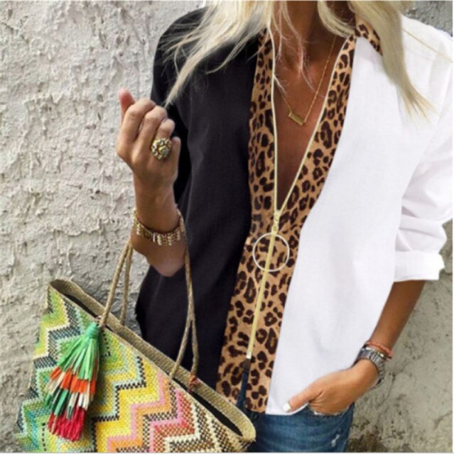 Leopard White Spliced Blouse